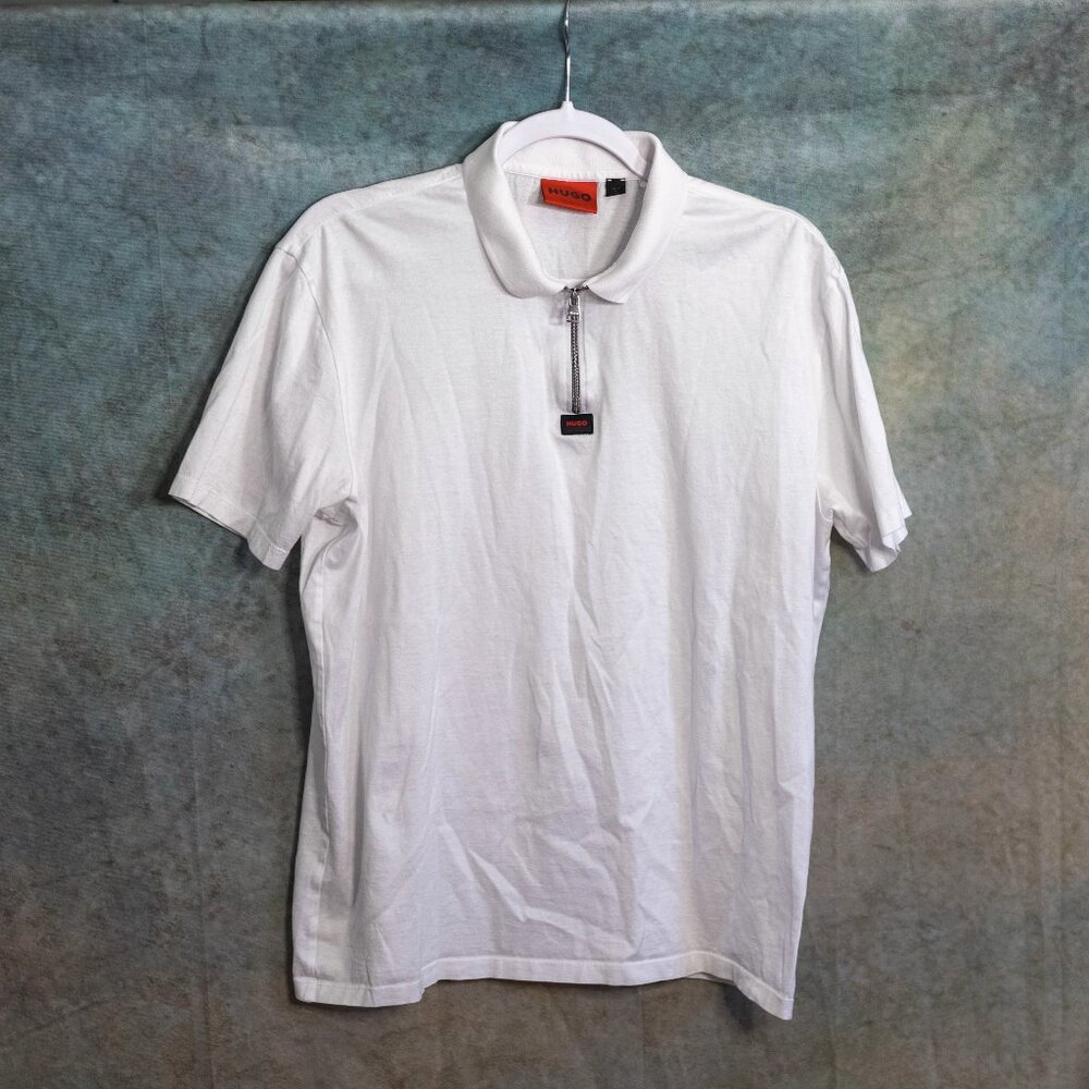 SALE HUGO Black and White Zipper Polo T-shirt - Large